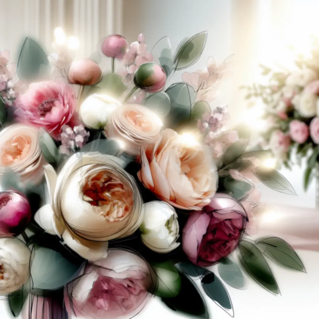 Aranżacja ślubna: bukiet z róż i piwonii